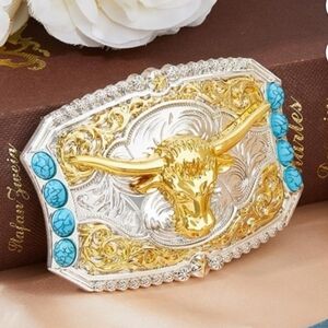 Longhorn steer western gold silver turquoise Color belt buckle